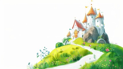 Fairy tale landscape with colorful, quirky castles and lush scenery, fitting for children's books, games, and fantasy artwork.