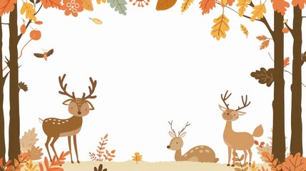 Whimsical forest scene with deer among autumn leaves, creating a storybook atmosphere suitable for children's literature and seasonal decor.