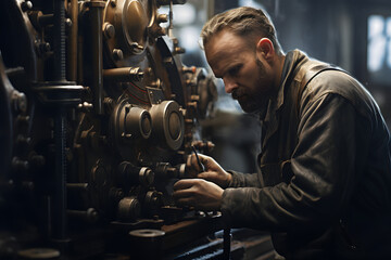 Fototapeta na wymiar Man working on a machine, hard working man, machinery, skilled wrker, machanic