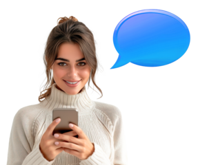 Gorgeous Caucasian woman using smart phone and looking at camera with text bubble icon over white transparent background