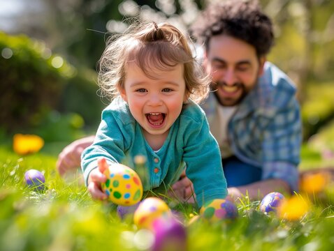Parent and child doing Easter egg hunt together, a smiling, delighted toddler is collecting painted chocolate eggs in the garden, the baby is laughing and looks excited, father and daughter having fun