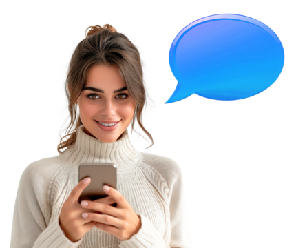Gorgeous Caucasian woman using smart phone and looking at camera with text bubble icon over white transparent background