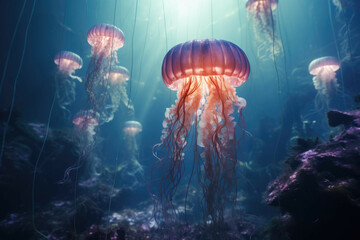 Fototapeta na wymiar Abstract floating jellyfish in underwater world