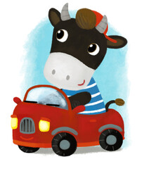 cartoon scene with farm cow bull boy child driving car transportation illustration for children