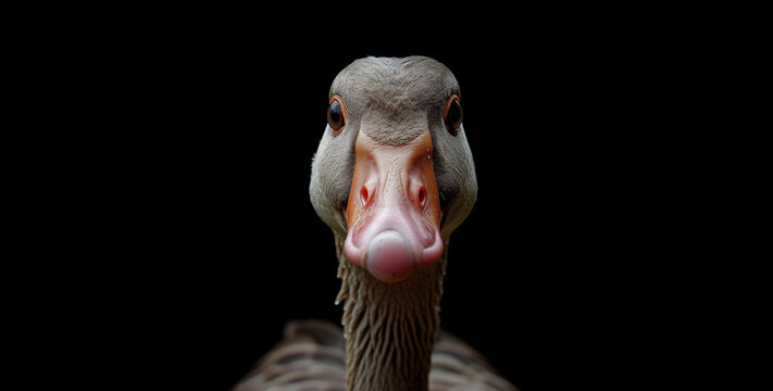 Close-up portrait of a greylag goose on black background