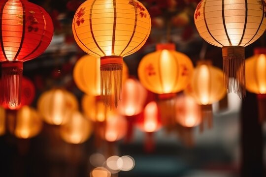 Festive Array of Asian Red Lanterns. Vibrant red lanterns with yellow illumination, creating a festive atmosphere at night.