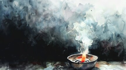 Ash Wednesday. Smoke coming out of a burner. Watercolor painting