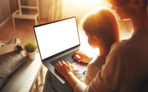 mother and child using laptop together and sunlight through window, isolated screen