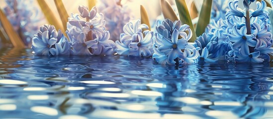 A group of blue hyacinth flowers gracefully float on the calm surface of a body of water during the day, creating a beautiful and serene scene. - Powered by Adobe