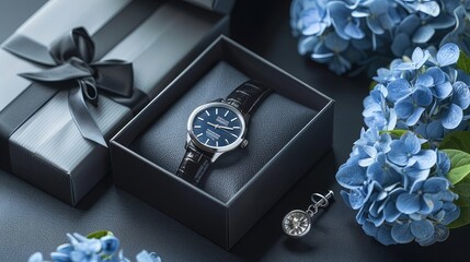 A men's watch in a gift box and flowers in a visually appealing layout that will draw attention to the central message or theme of the greeting.