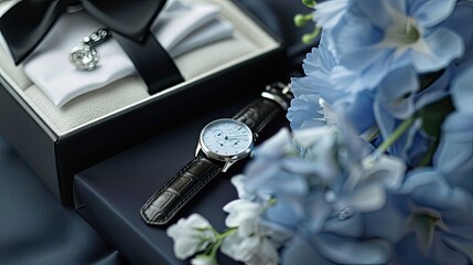 A men's watch in a gift box and flowers in a visually appealing layout that will draw attention to the central message or theme of the greeting.