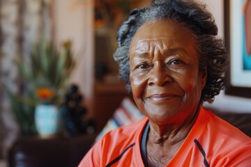 Portrait of an elderly African American woman at home - obrazy, fototapety, plakaty