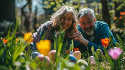 Couple of senior man and woman sitting or lying in the garden in the grass covered with spring flowers and colored Easter eggs, they look happy and smile, having fun and a great time together