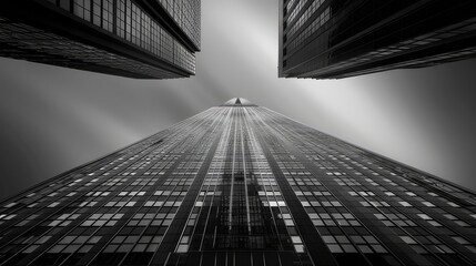low panoramic and perspective views, impressive heights and scale of skyscrapers. Shooting from below emphasizes their realism and the grandeur of the architectural structures.