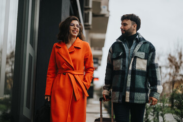 Charming woman in vibrant orange coat laughing with a stylish man during a casual stroll in a city...