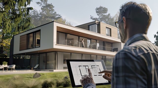 A tablet in the hands of an architect or builder, the tablet screen displaying clear and detailed images of the home design, such as floor plans, 3D renderings or architectural drawings.