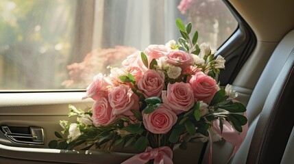 Arrange the bouquet in the car to create a visually appealing arrangement. The elegance of roses and the modern aesthetics of a bouquet.