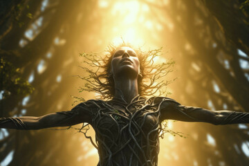 Mystical dryad with tree branches blending into forest.