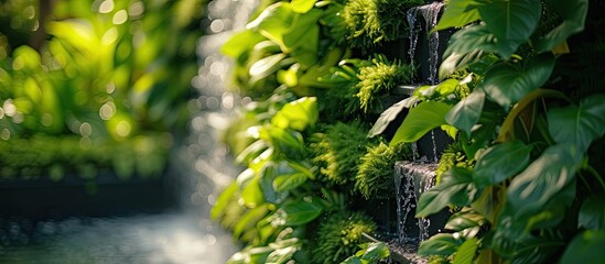 This close-up view showcases a vibrant green wall in a city urban garden. Water cascades down the wall, creating a refreshing and tranquil ambiance in this urban setting.