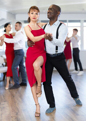 Fototapeta na wymiar Elegant couple, attractive woman in red dress and stylish African American man, performing expressive tango in bright, modern dance studio during group class