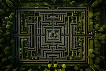 Abstract aerial shot of garden maze with symmetrical patterns