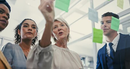 Meeting, coaching and planning with business woman talking to team in office for vision development. Collaboration, glass and sticky note with employee group in workplace for management discussion