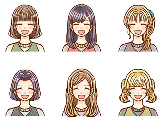 様々な髪型の笑顔の大人女性のイラスト素材セット