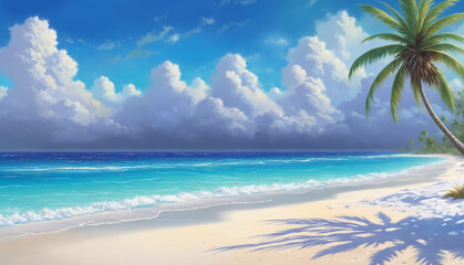 A tropical paradise: a beach with palm tree, blue sky, and waves crashing on the sand