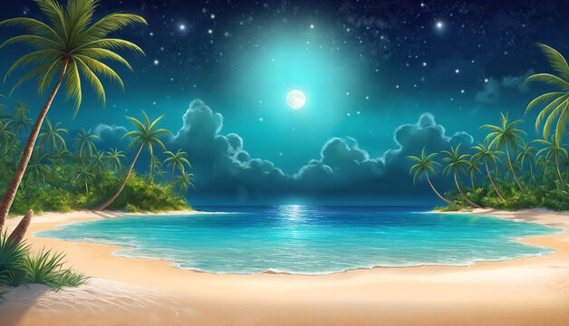 A beautiful and peaceful nighttime scene of a tropical beach with full moon, palm trees, and starry sky