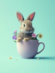 Cute little white bunny in a tea cup on pastel background. Abstract minimal Easter concept.	