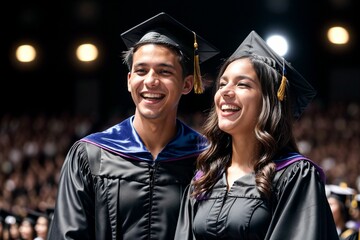 Obraz premium Two graduates in caps and gowns celebrating their academic success at a graduation ceremony