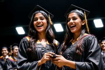 Obraz premium Two graduates in caps and gowns celebrating their academic success at a graduation ceremony