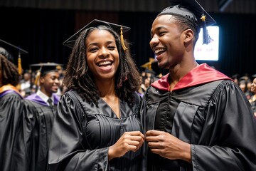 Two graduates in caps and gowns celebrating their academic success at a graduation ceremony