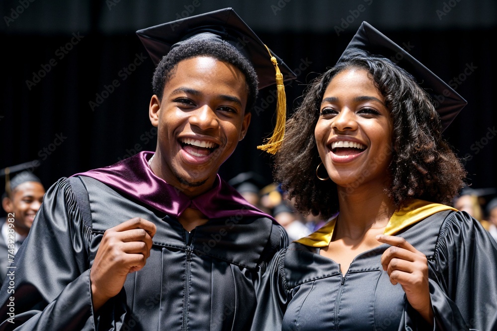 Sticker Two graduates in caps and gowns celebrating their academic success at a graduation ceremony