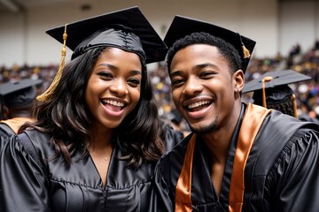 Two graduates in caps and gowns celebrating their academic success at a graduation ceremony - obrazy, fototapety, plakaty