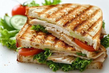 photo de sandwich triangle appétissant, pain de mie toasté, jambon de dinde, poulet, volaille, crudités, salade, tomates.