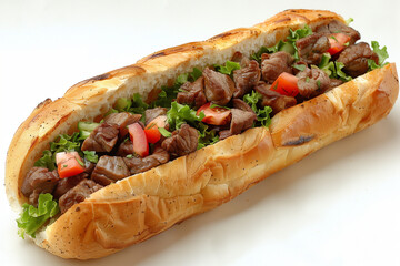 photo de sandwich appétissant,  pain, viande de bœuf, crudités, salade, tomate, oignon