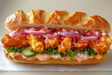 photo de sandwich appétissant,  pain, poulet croustillant, sauce, crudités, salade, tomate, oignon 