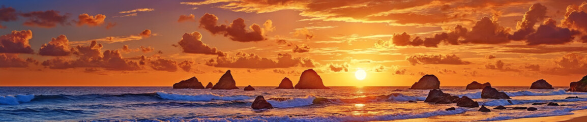 The majestic beauty of a sunset on the beach, where rocks, waves, and the orange sky meet to form a spectacular and tranquil scene