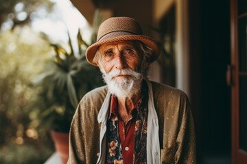 Portrait of an old man with a white beard and mustache in a straw hat.