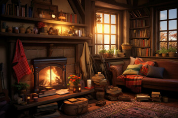 Charming cottage living room with window seat and fireplace - obrazy, fototapety, plakaty
