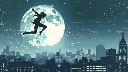 A silhouette of a person leaping across a moonlit rooftop, city skyline stretching below,