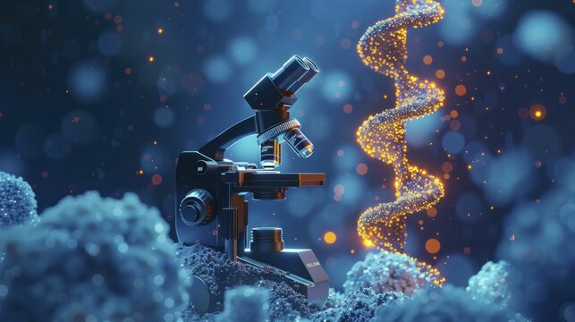 The glowing genetic strands and microscope enhance the advanced DNA sequencing process against a deep blue backdrop.