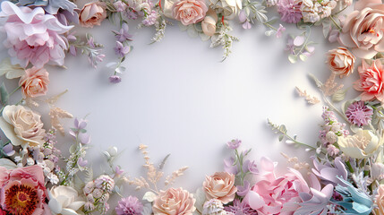 Spring floral frame, pastel color. Assorted Flowers Adorning a Wall for Womens Day Celebration. Space for text.  Illustration for March 8.