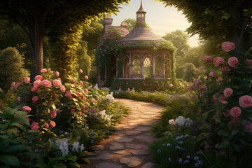 Fototapeta premium Whimsical cottage garden with hidden gazebo and climbing roses