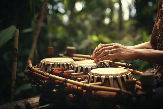 Close-up of hands playing traditional bamboo musical instruments in a serene outdoor setting