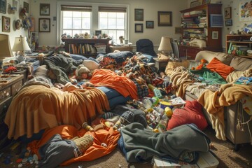 A messy room with a couch, a bed, and a bunch of toys. Generative AI.