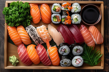 photo de sushis et de makis, California Rolls, pour menu, restaurant, saumon, thon rouge, crevette, sauce soja, baguettes. 