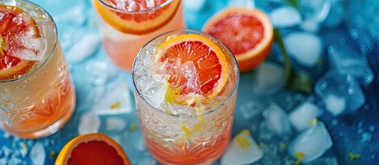 Three glasses filled with blood orange punch, adorned with citrus slices and crushed ice cubes. The vibrant red color of the punch contrasts beautifully with the yellow and green hues of the citrus