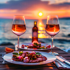 Romantic sunset dinner on the beach. Table honeymoon set for two with luxurious food, glasses of rose wine drinks in a restaurant with sea view.